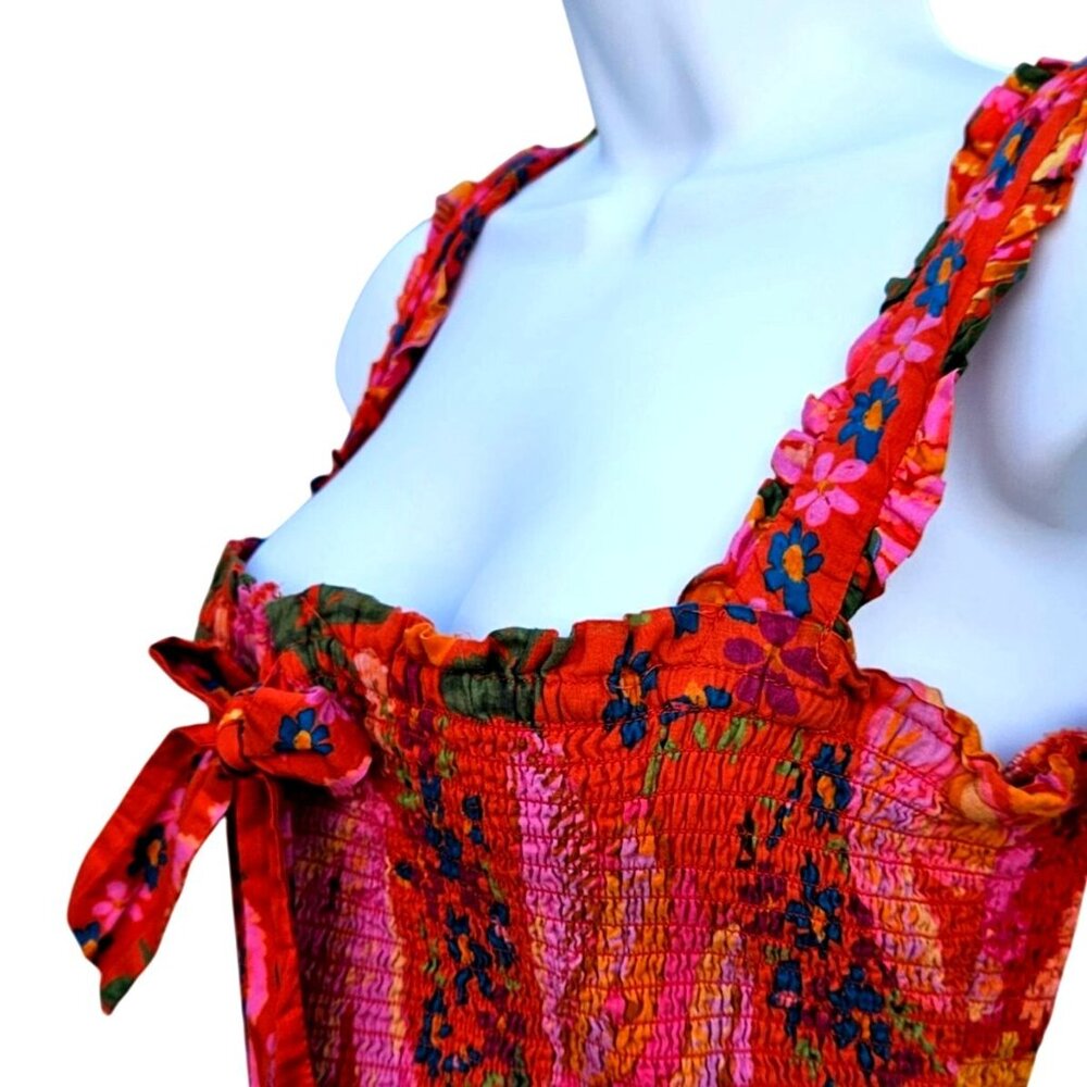 Farm Rio Red Floral Smocked Bodycon Mini Dress Size L M L - Picture 7 of 16